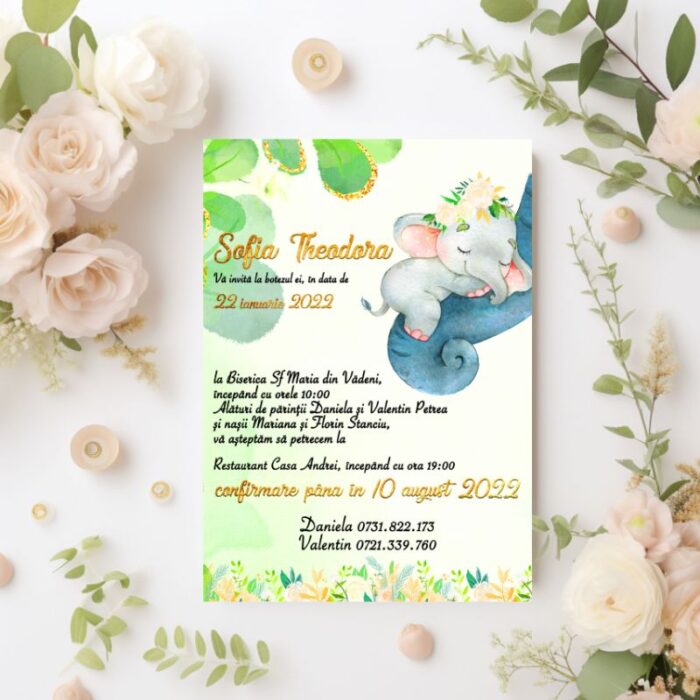 Invitație Botez Elefant Verde1