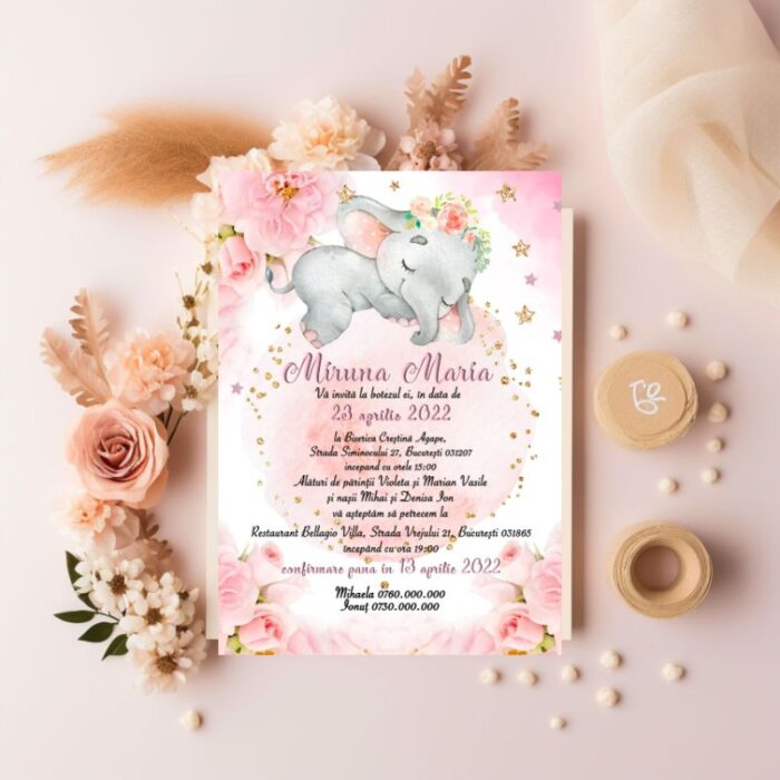 Invitație Botez Elefanțică Roz1